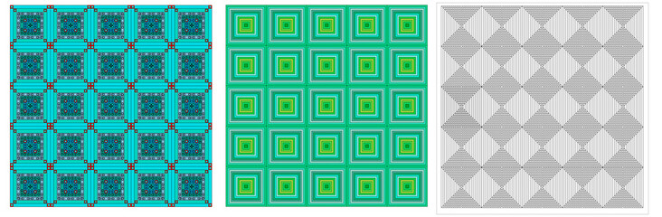 three squares patterns, shades of blue, shades of green, and lines game