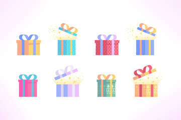 Set of different colored gift boxes. Opened present boxes with surprise inside, confetti and elements comes out, vector illustration