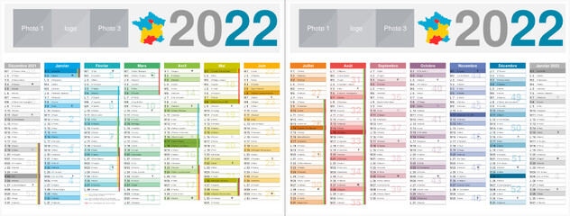 Obraz premium Calendrier 2022 14 mois avec vacances scolaires officielles au format 320 x 420 mm recto verso entièrement modifiable via calques et texte arial 