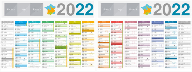Obraz premium Calendrier 2022 14 mois avec vacances scolaires officielles au format 320 x 420 mm recto verso entièrement modifiable via calques et texte arial 