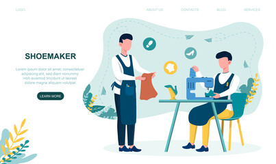 Two young shoemakers fixing shoes with sewing machine. Male characters wearing apron mending shoe. Concept of retro manufacturing. Website, web page, landing page template. Flat cartoon illustration