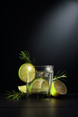 Cold refreshing drink with ice, lime, and rosemary.