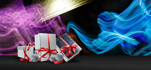 Christmas background with gift boxes Black Friday Super Sale. Shelf with realistic gifts boxes