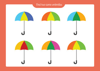 Educational game for children. Find two same umbrellas. Trains attention and concentration