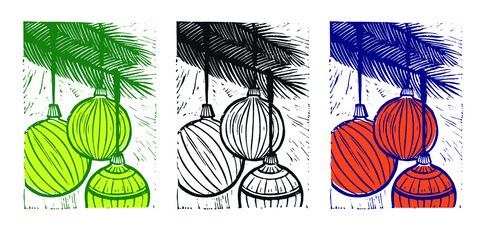 Christmas set of vector images of Christmas toys. Orange,yellow 
 and black Christmas toys. Hand print Christmas toys
