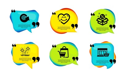 Fireworks, Sale and Smile face icons simple set. Speech bubble with quotes. Sale bags, World globe and Marketplace signs. Pyrotechnic salute, Discount, Love heart. Vector