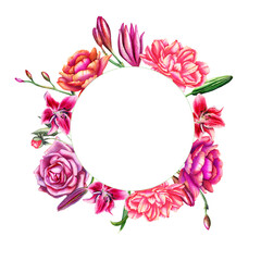 Flower wreath. Watercolor floral frame for your design, with place for your text
