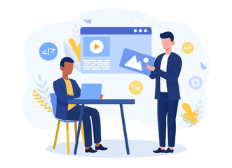 Two male characters making front end development. Business team using minimalistic dashboard and analyze data. Flat cartoon vector illustration
