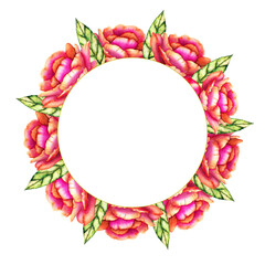 Flower wreath. Watercolor floral frame for your design, with place for your text. Beautiful peonies and leaves.
