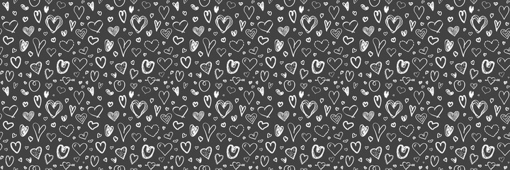 Hand drawn background with hearts. Seamless texture for banner, flyer or poster. Happy Valentines Day. Be my Valentine. Black and white illustration