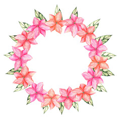 Flower and leaves wreath. Watercolor floral frame for your design, with place for your text. Romantic pink flowers
