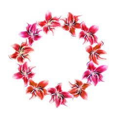 Flower wreath with lilies. Watercolor floral frame for your design, with place for your text
