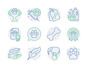 Animals icons set. Included icon as Dog competition, Pets care, Pet tags signs. Lightweight, Feather, Winner cup symbols. Dog vaccination, Elephant on ball, Pet shampoo line icons. Vector