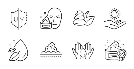 Spa stones, Water drop and Wash hands line icons set. Sun protection, Cream and Skin care signs. Face cream, Uv protection symbols. Bath, Serum oil, Skin care. Beauty set. Quality line icons. Vector