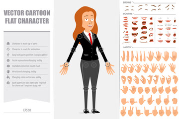 Cartoon flat funny redhead business woman character in black suit with red tie. Ready for animation. Face expressions, eyes, mouth and hands easy to edit. Isolated on gray background. Vector set.