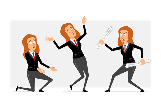 Cartoon flat funny redhead business woman character in black suit with red tie. Girl fighting, falling back and standing on knee. Ready for animation. Isolated on gray background. Vector set.