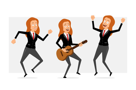 Cartoon flat funny redhead business woman character in black suit with red tie. Girl jumping, dancing and playing rock on guitar. Ready for animation. Isolated on gray background. Vector set.