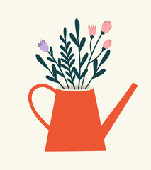 Vector illustration of the watering can with flowers isolated on a beige background. Hand-drawn. Concept of healthy eating, springtime gardening, farming. © Yelyzaveta