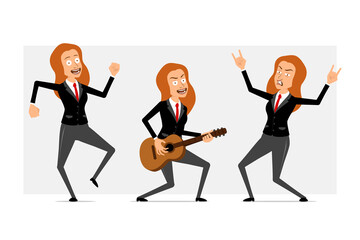 Cartoon flat funny business woman character in black suit with red tie. Girl dancing, playing on guitar and showing rock and roll sign. Ready for animation. Isolated on gray background. Vector set.