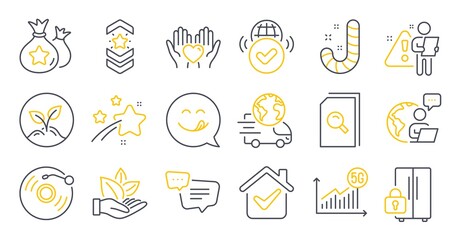 Set of Business icons, such as Delivery service, Text message, 5g statistics symbols. Hold heart, Refrigerator, Startup signs. Organic product, Vinyl record, Shoulder strap. Search files. Vector