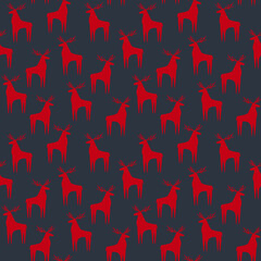 Christmas seamless pattern with red deer on dark blue background. Christmas and New Year pattern, perfect for wrapping paper, textiles, cards, invitations, posters