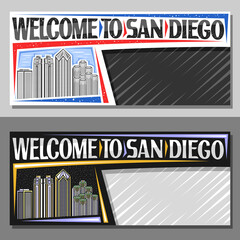 Vector layouts for San Diego with copy space, decorative voucher with outline illustration of urban city scape on day and dusk sky background, art design tourist coupon with words welcome to san diego