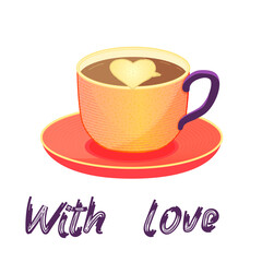 Cup and saucer filled with coffee with heart shaped froth isolated on white background.