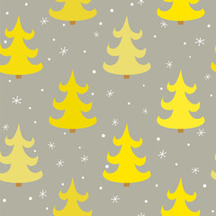 Seamless pattern of cartoon Christmas trees in flat style. Cute background in gray and yellow colors. Fantasy winter forest with snowflakes. Vector illustration