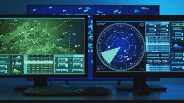 Workplace of the professional air traffic controller in the control tower. Radar, computer navigation and digital maps.