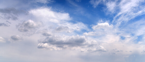 Panoramic view of afternoon blue sky with white clouds.