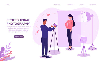Professional photographer shooting female model. Model poses for magazine cover, banner. Photoshoot with lights, background. Website, web page, landing page template. Flat cartoon vector illustration