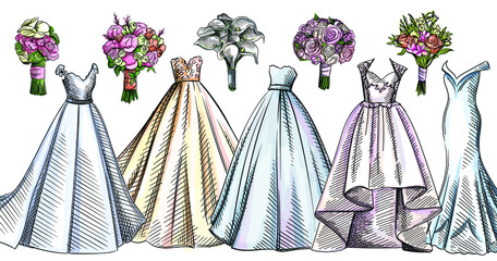 Colorful watercolor set of wedding dresses and bouquets. Wedding gowns. Pink, yellow, blue, light blue dresses. Bridesmaids dresses