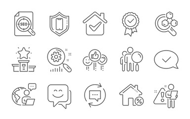 Fototapeta na wymiar Smartphone protection, Loan house and Tested stamp line icons set. Winner podium, Search statistics and Approved message signs. Seo file, Like and Smile face symbols. Line icons set. Vector