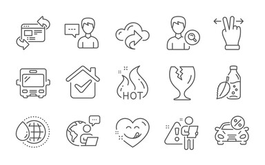 Cloud share, World water and Touchscreen gesture line icons set. Fragile package, Search people and Hot sale signs. Car leasing, Refresh website and Yummy smile symbols. Line icons set. Vector