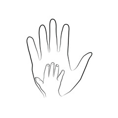 Hand of an adult and a child in one line. Black line vector illustration on white background