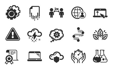 Cogwheel, Cloud protection and Timer icons simple set. Thunderstorm weather, Swipe up and Certificate signs. Recovery file, Laptop and Social distancing symbols. Flat icons set. Vector