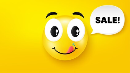 Sale symbol. Yummy smile face with speech bubble. Special offer price sign. Advertising Discounts symbol. Yummy smile character. Sale speech bubble icon. Yellow face background. Vector