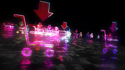 Shopping cart symbol abstract neon 3d illustration