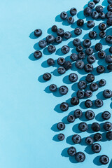 Many Blueberries on blue background. Closeup pattern. Concept of healthy dieting eating. Banner template