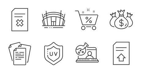 Check investment, Documents and Loan percent line icons set. Uv protection, Upload file and Online chemistry signs. Arena stadium, Delete file symbols. Quality line icons. Vector