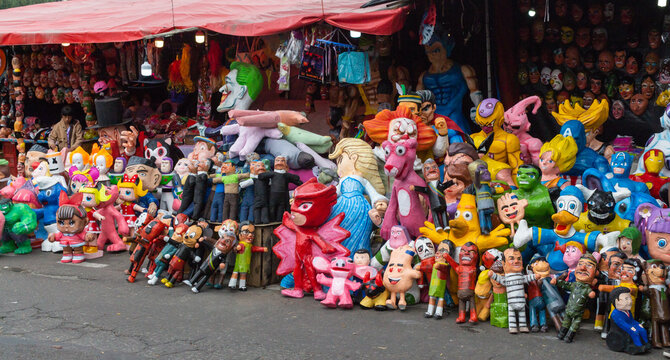 Quito, Pichincha, Ecuador, December 30, 2019. group of puppets for sale on the street