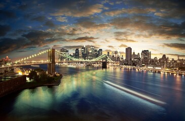 night, bridge, city, skyline, manhattan, river, brooklyn, cityscape, new york, water, architecture, brooklyn bridge, urban, downtown, building, sunset, new york city, skyscraper, reflection, buildings