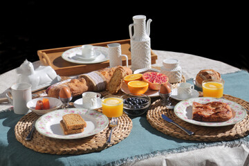 breakfast brunch with toast bread coffee tea orange pomegranate salmon