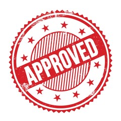 APPROVED text written on red grungy round stamp.
