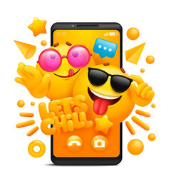 Lets chill sticker concept Smartphone app template with yellow cartoon emoji characters with sunglasses