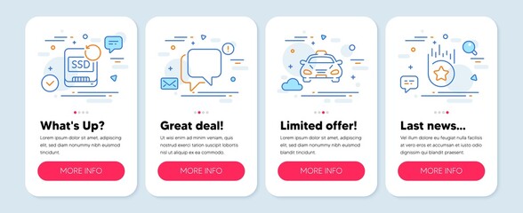 Set of Technology icons, such as Recovery ssd, Taxi, Talk bubble symbols. Mobile screen app banners. Loyalty star line icons. Backup info, Public transportation, Chat message. Bonus reward. Vector