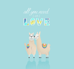 Illustration of two kissing llamas. All you need is love. 