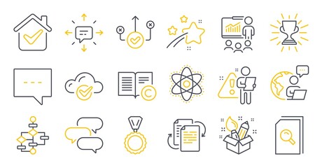 Set of Education icons, such as Medal, Cloud computing, Sms symbols. Block diagram, Presentation, Bureaucracy signs. Correct way, Copyright, Talk bubble. Search files, Trophy, Blog. Vector