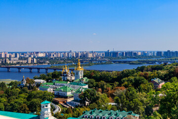 Naklejka premium View of Kiev Pechersk Lavra (Kiev Monastery of the Caves) and the Dnieper river in Ukraine. View from Great Lavra Bell Tower