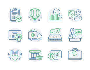 Business icons set. Included icon as Search, Reject certificate, Air balloon signs. Lightweight mattress, Bitcoin chart, Reception desk symbols. Approved report, Marketplace, Ambulance car. Vector